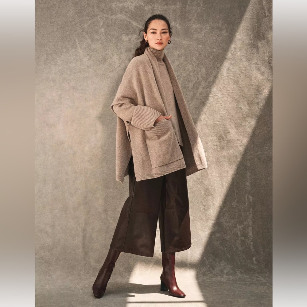 White + Warren Fawn Heather Cashmere Blend Open Poncho 20576